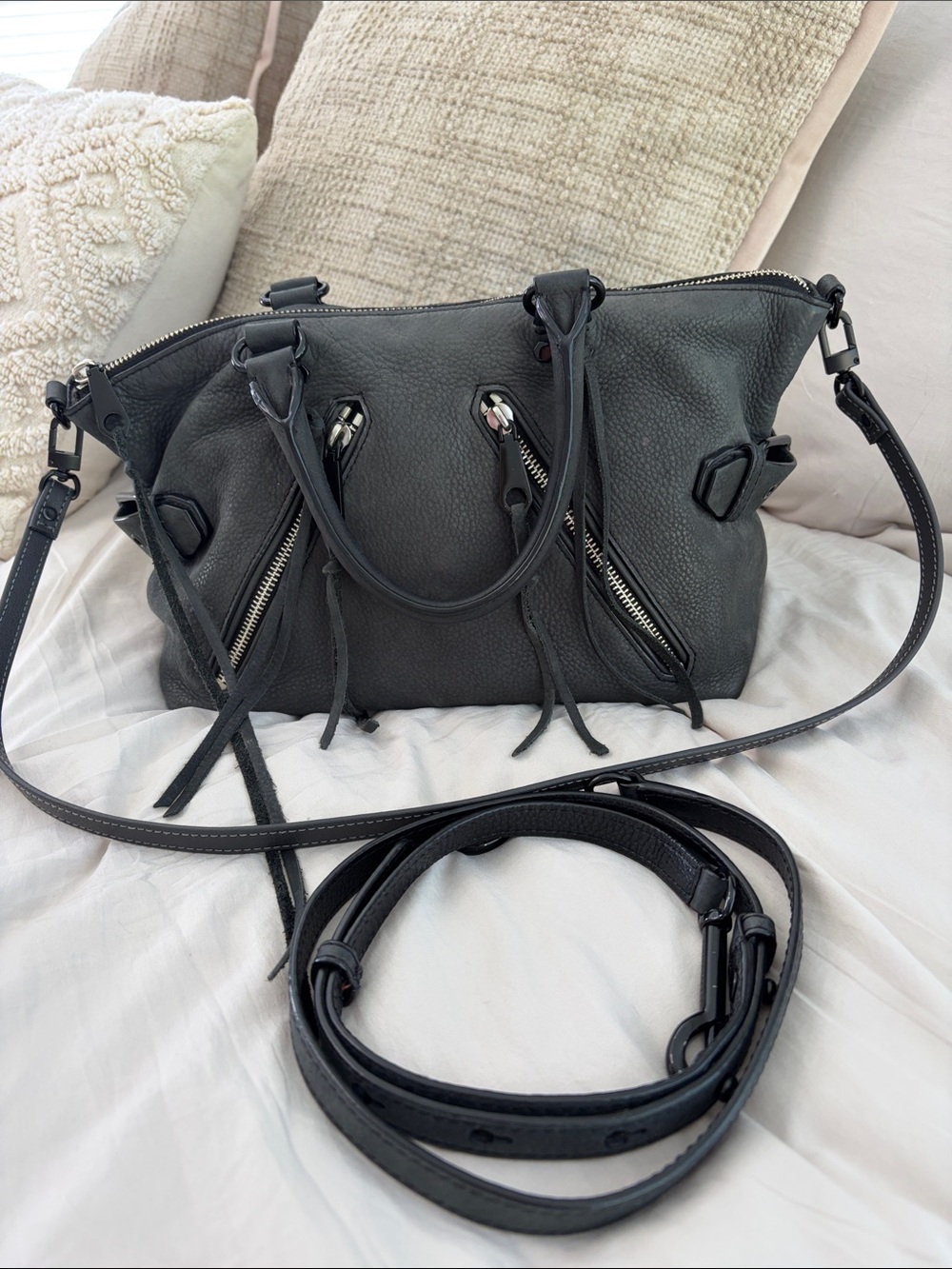 Rebecca Minkoff Moto Satchel Dark Gray with Silver Zippers
